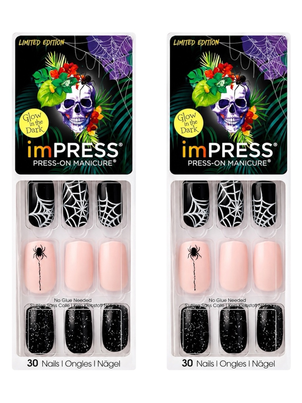 KISS IMPRESS PRESS ON MANICURE NAILS FULL MOON HALLOWEEN - GLOW IN THE DARK X2